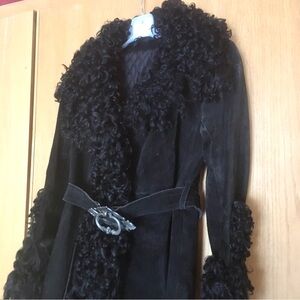Vintage Rare 1970s Black Suede & Faux Fur Trim Trench Coat